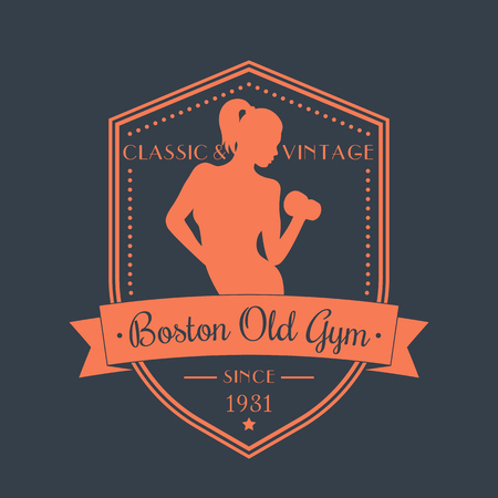 Gym vintage emblem, athletic girl on shield, vector illustrationのイラスト素材