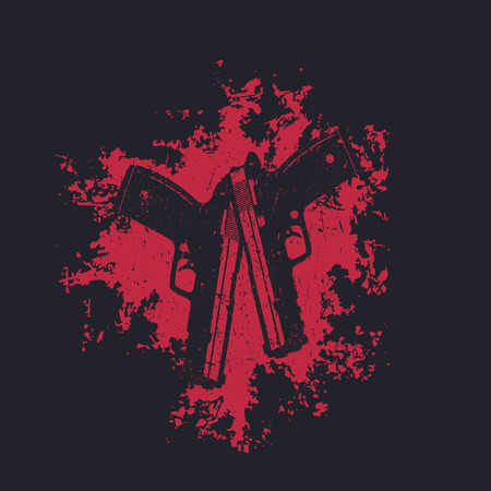2 pistols on red splash, two crossed guns, t-shirt designのイラスト素材