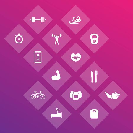 14 fitness, gym icons, exercise, training pictograms, vector illustrationのイラスト素材
