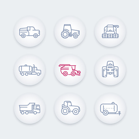 Agricultural machinery line icons set, tractor, combine harvester, grain harvesting combine, truck, pickupのイラスト素材