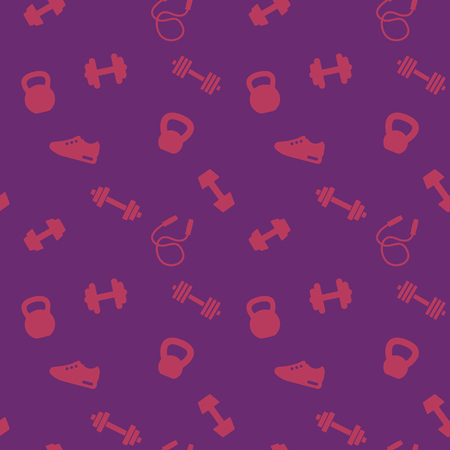 seamless pattern with gym icons, dumbbells, kettlebells, jumping rope, barbell, running shoe, vector illustrationのイラスト素材