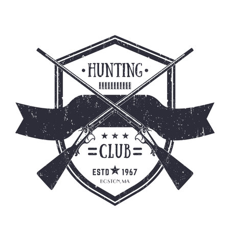 Hunting club vintage logo with two crossed old rifles, retro emblem on whiteのイラスト素材