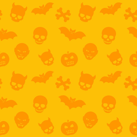 halloween pattern, orange seamless background with skulls, bones, bats and vampires, vector illustrationのイラスト素材