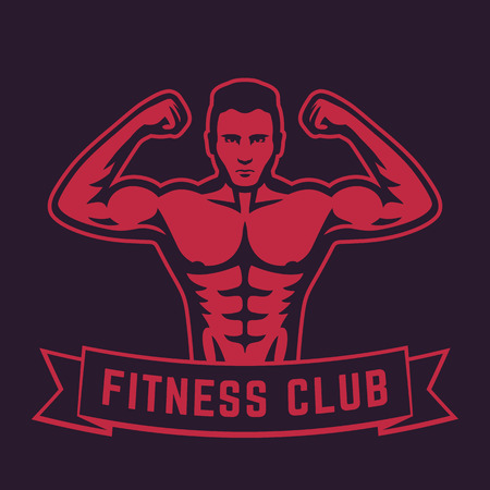 Posing athlete, strong bodybuilder, man showing his biceps, fitness club logo, emblem elementのイラスト素材