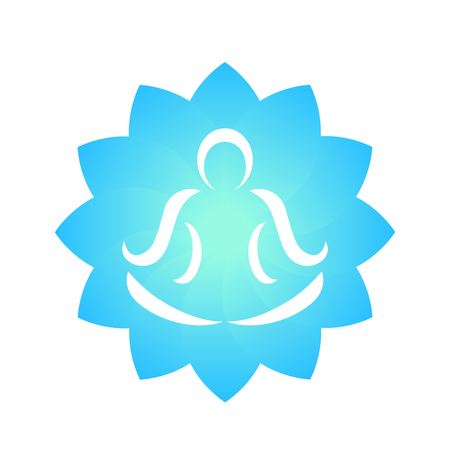 yoga logo element, outline of man doing meditation over lotus flowerのイラスト素材