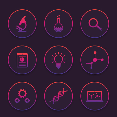 Science icons set, research, laboratory, microscope, dna chain, lab glass, molecule, survey, vector illustrationのイラスト素材