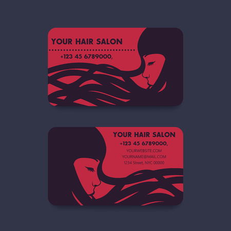 Business card for hair salon with long haired girl, in dark redのイラスト素材
