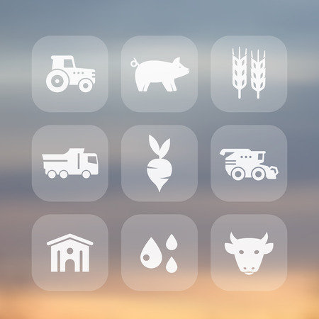 Agriculture, farming icons set, cattle, pigs, hangar, agrimotor, combine harvester, vector illustrationのイラスト素材