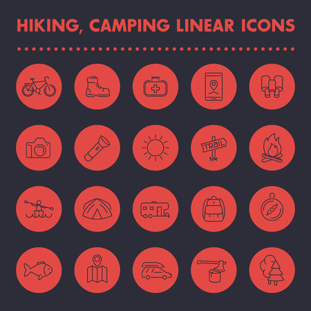 Hiking, camping, outdoor line icons set, boot, flashlight, tent, map, kayak, forest, fishing, camperのイラスト素材