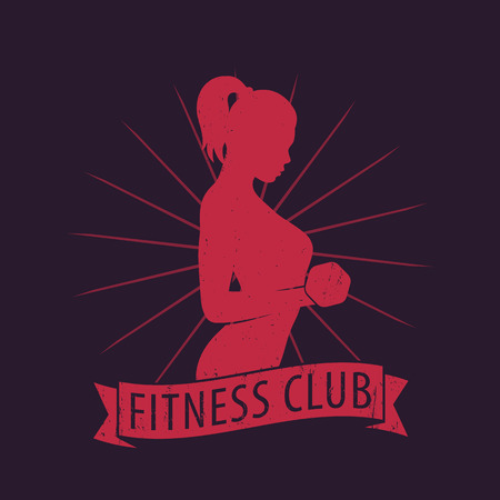 Fitness Club logo with posing athletic girl with dumbbell, vector illustrationのイラスト素材