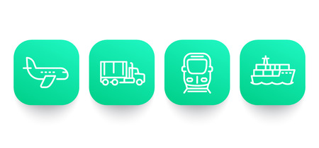 transportation industry line icons, airplane, cargo ship, truck, trainのイラスト素材