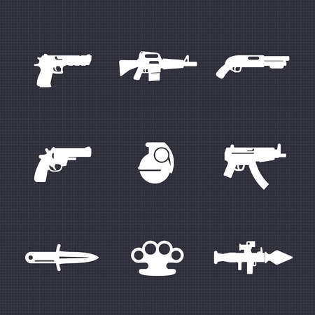 weapons icons set, pistol, assault rifle, revolver, shotgun, grenade, submachine gun, knife, rocket launcherのイラスト素材