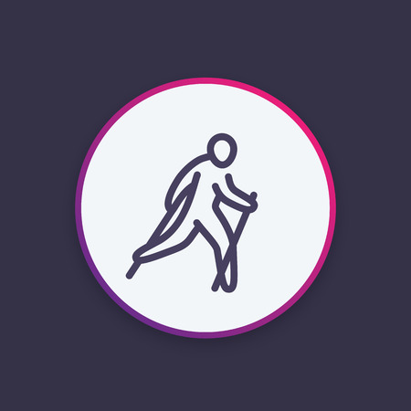 nordic walking icon in linear style, outdoor activity, vector illustrationのイラスト素材