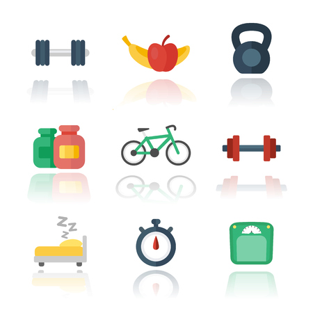Fitness, gym flat icons over white, vector illustrationのイラスト素材
