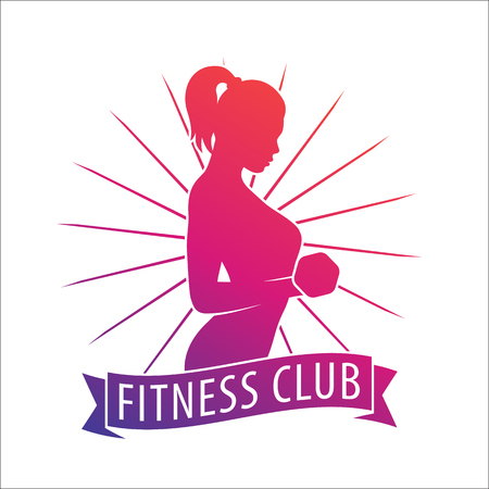 Fitness club logo, emblem with posing athletic girl with dumbbell over whiteのイラスト素材