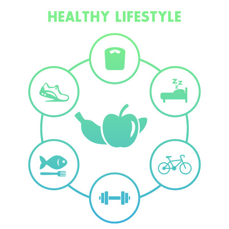 Healthy lifestyle icons on white, diet, recreation, fitness activity, jogging, healthy food, vector illustrationのイラスト素材