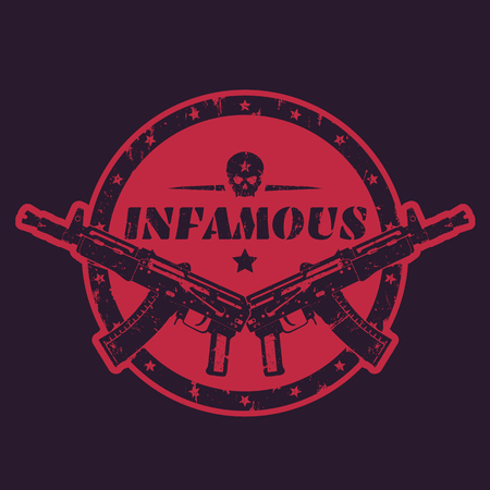 infamous, round print, emblem, badge with automatic guns and skullのイラスト素材