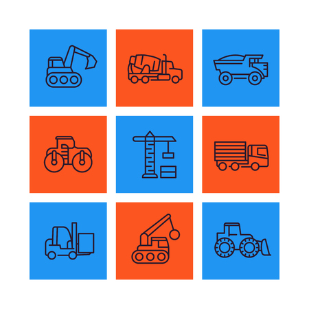 construction vehicles line icons set, heavy machines, digger, truck, excavator, loader vector signsのイラスト素材