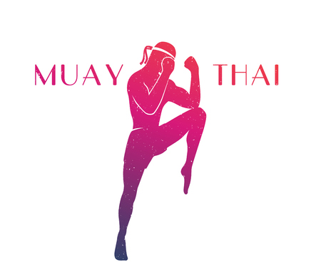 Muay thai athlete silhouette, male boxer in a defensive fighting stance, man doing boxing exercise, logo element, t-shirt print, withのイラスト素材