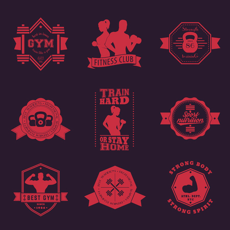 Fitness, gym vintage logos, emblems, vector badges with barbells, kettlebell, biceps, athletes, bodybuildersのイラスト素材
