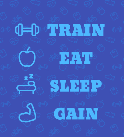Train, eat, sleep, gain, vector poster for gym with fitness, workout icons, blue versionのイラスト素材