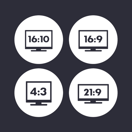 Aspect ratio icons on white, 16:9, 16:10, 4:3, 21:9, widescreen tv, monitorsのイラスト素材