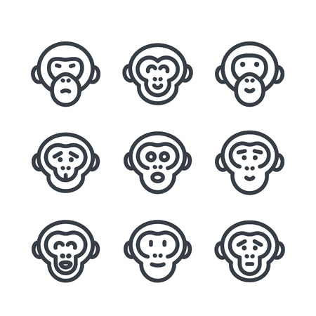 apes, monkey, chimp linear icons over whiteのイラスト素材
