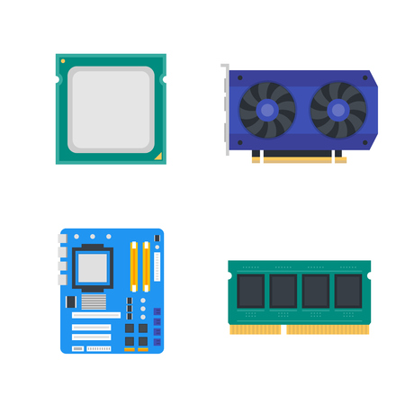 computer components icons, motherboard, memory, video card, CPU, vector illustrationのイラスト素材