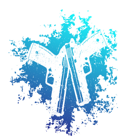 2 pistols on blue grunge splash, t-shirt print with handguns, two crossed gunsのイラスト素材