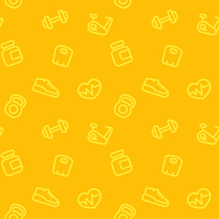 fitness pattern, seamless yellow background with linear gym iconsのイラスト素材