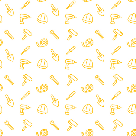 Seamless pattern with construction tools icons, yellow over whiteのイラスト素材