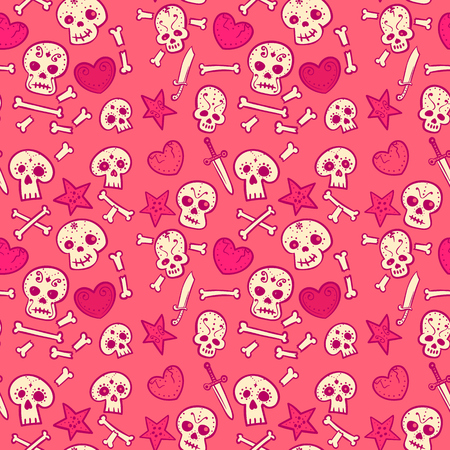 pattern with skulls and hearts, bones and daggers, vector seamless background, cartoon styleのイラスト素材