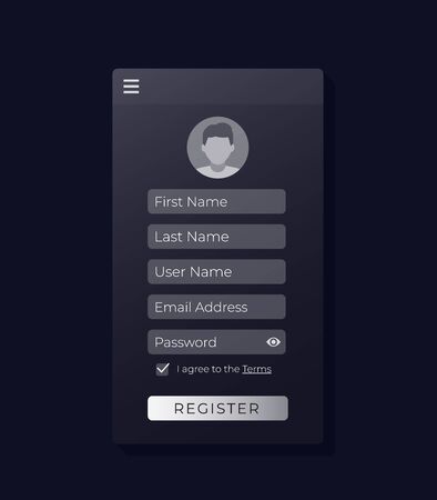 Register form, mobile ui design, dark themeのイラスト素材