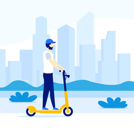 man riding electric kick scooter in the city, vectorのイラスト素材