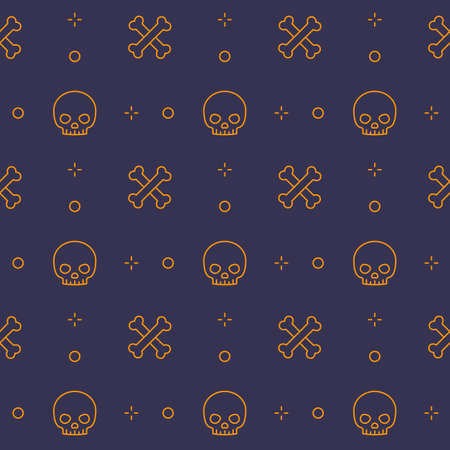 pattern with skull and bones, line design, dark seamless halloween vector backgroundのイラスト素材