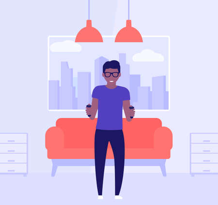 nerd guy playing videogame in the living roomのイラスト素材