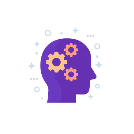 thinking, gears in head icon, vectorのイラスト素材
