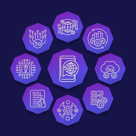 5G network technology line icons, vector bannerのイラスト素材