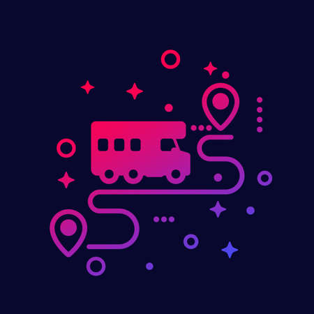 camping van, camper and route, travel iconのイラスト素材