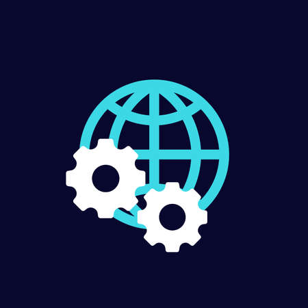 globe and gears icon, flat vectorのイラスト素材
