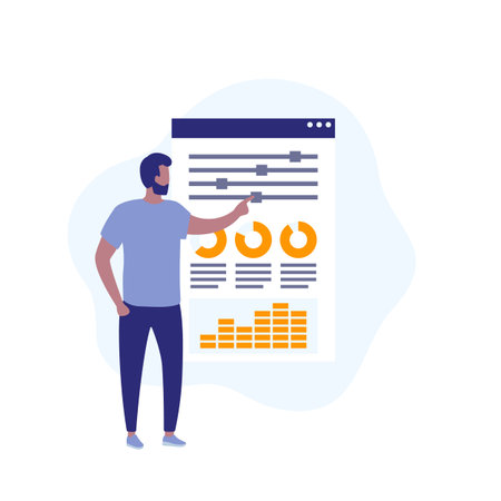 data analytics, man at the dashboard, vectorのイラスト素材