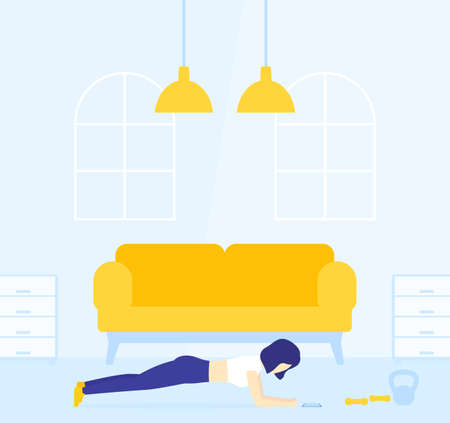 girl training abs at home, plank, core workout, exercise for abdominal muscles during quarantineのイラスト素材