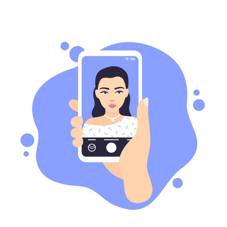 girl making selfie, phone in hand, vector illustrationのイラスト素材