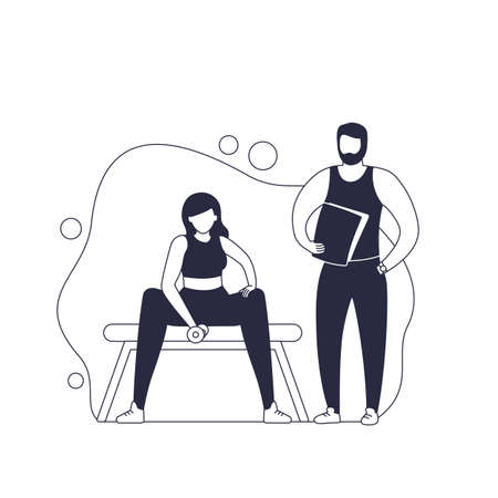 girl training biceps in gym, workout with personal trainer, vector illustrationのイラスト素材