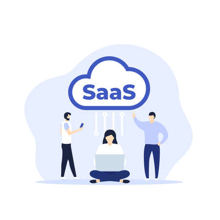 SaaS, cloud service vector design with peopleのイラスト素材