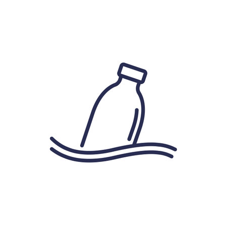 plastic bottle in ocean, water pollution line iconのイラスト素材