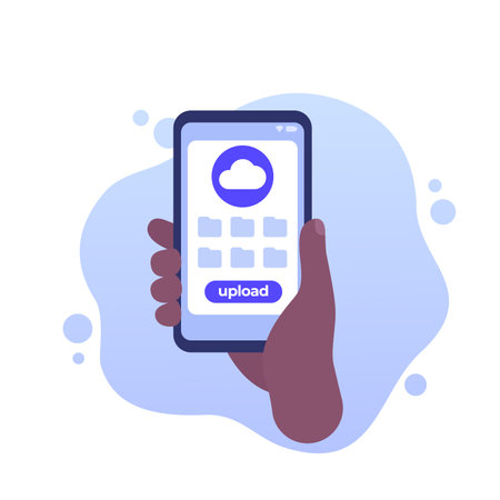 upload file folders, smart phone in hand vectorのイラスト素材