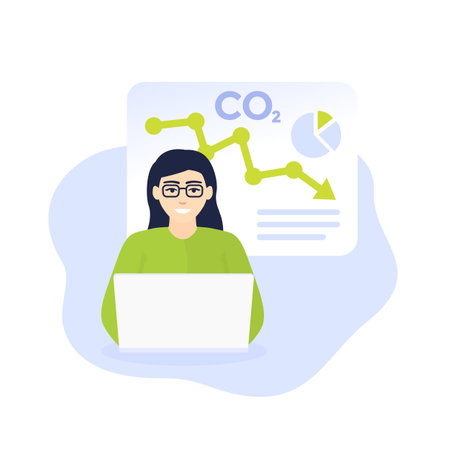 co2 carbon emission reduction, woman analyzes dataのイラスト素材