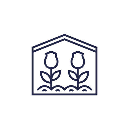 greenhouse with tulips line iconのイラスト素材