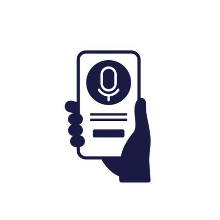 voice assistant app icon, smart phone in handのイラスト素材